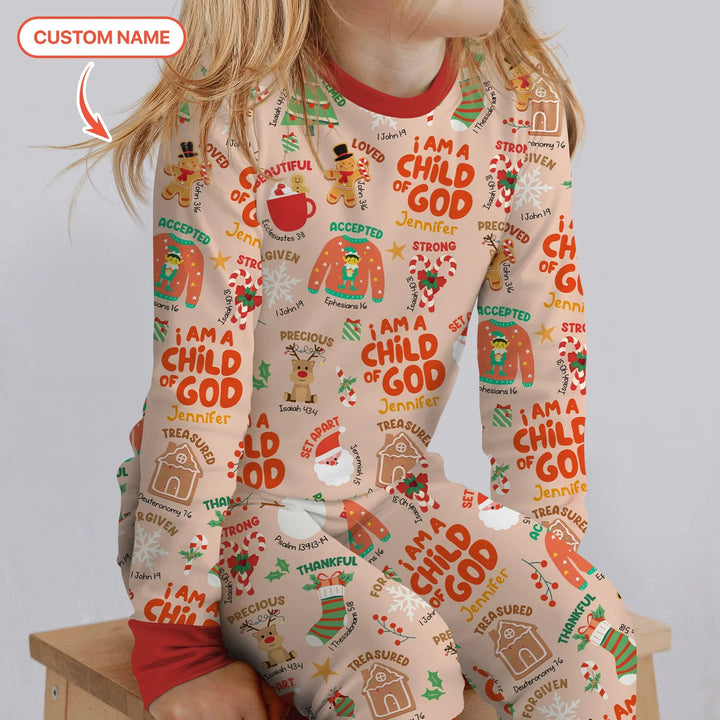 Merry Christmas I Am A Child Of God Custom Name Two Piece Long Sleeve Pajama Set , Merry Christmas I Am A Child Of God Custom Name Two Piece Long Sleeve Pajama Set - 12-18M