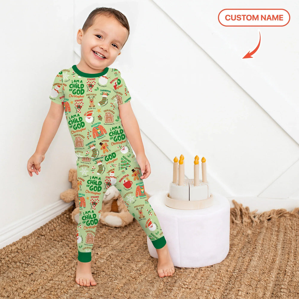 Merry Christmas I Am A Child Of God Custom Name Two Piece Short Sleeve Shorts Pajama Set - Zumbamboo