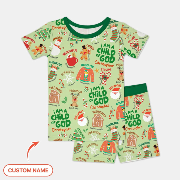 Merry Christmas I Am A Child Of God Two Piece Short Sleeve Shorts Pajama Set , Merry Christmas I Am A Child Of God Two Piece Short Sleeve Shorts Pajama Set - 12-18M