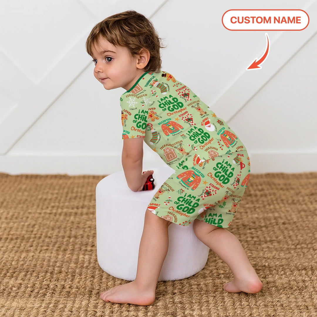 Merry Christmas I Am A Child Of God Two Piece Short Sleeve Shorts Pajama Set , Merry Christmas I Am A Child Of God Two Piece Short Sleeve Shorts Pajama Set - 12-18M