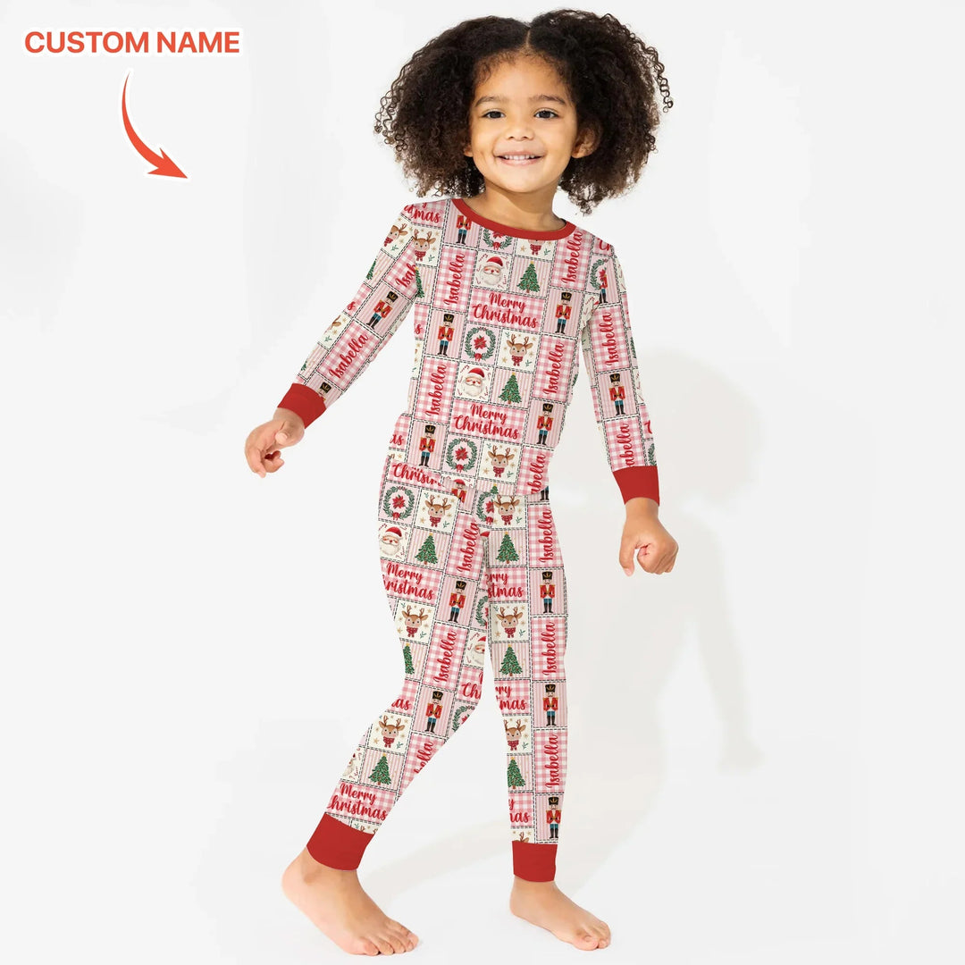 Merry Patchwork Christmas Custom Name Two Piece Long Sleeve Pajama Set - Zumbamboo