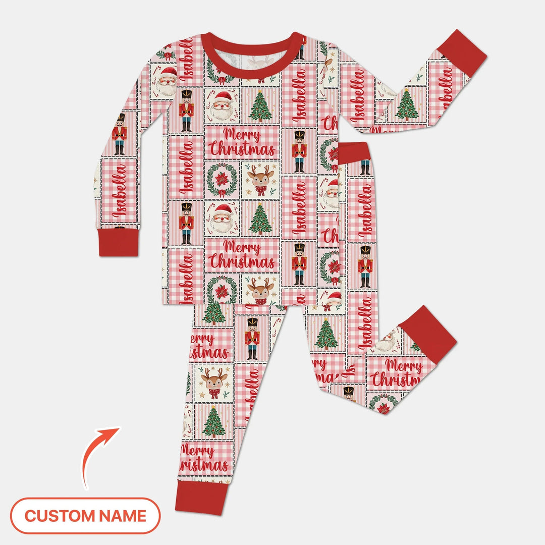 Merry Patchwork Christmas Custom Name Two Piece Long Sleeve Pajama Set - Zumbamboo