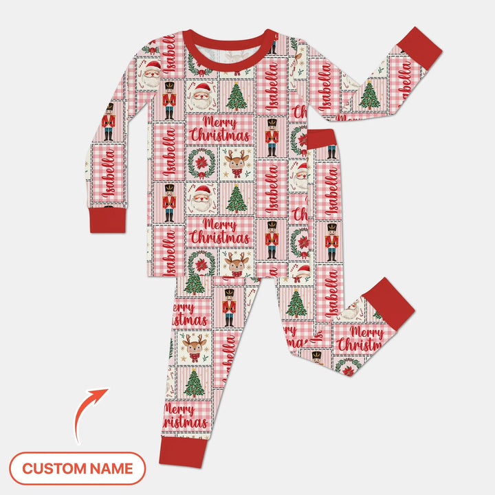 Merry Patchwork Christmas Custom Name Two Piece Long Sleeve Pajama Set - Zumbamboo