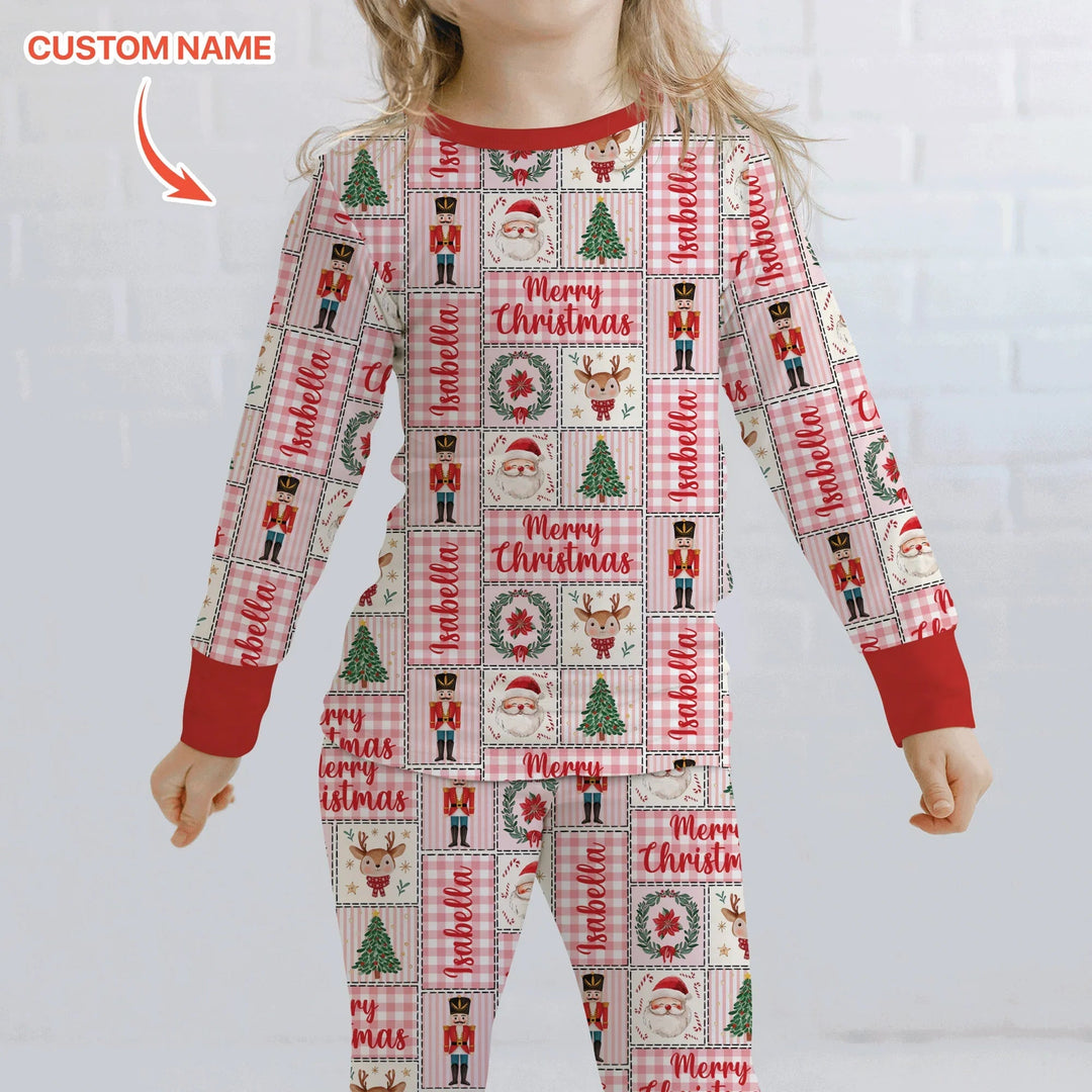 Merry Patchwork Christmas Custom Name Two Piece Long Sleeve Pajama Set - Zumbamboo
