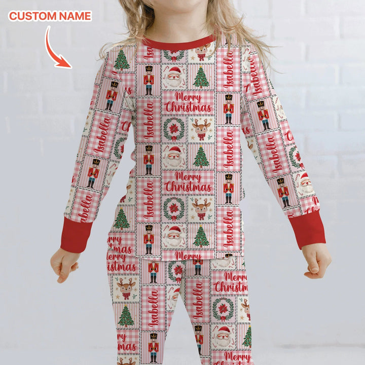 Merry Patchwork Christmas Custom Name Two Piece Long Sleeve Pajama Set - Zumbamboo