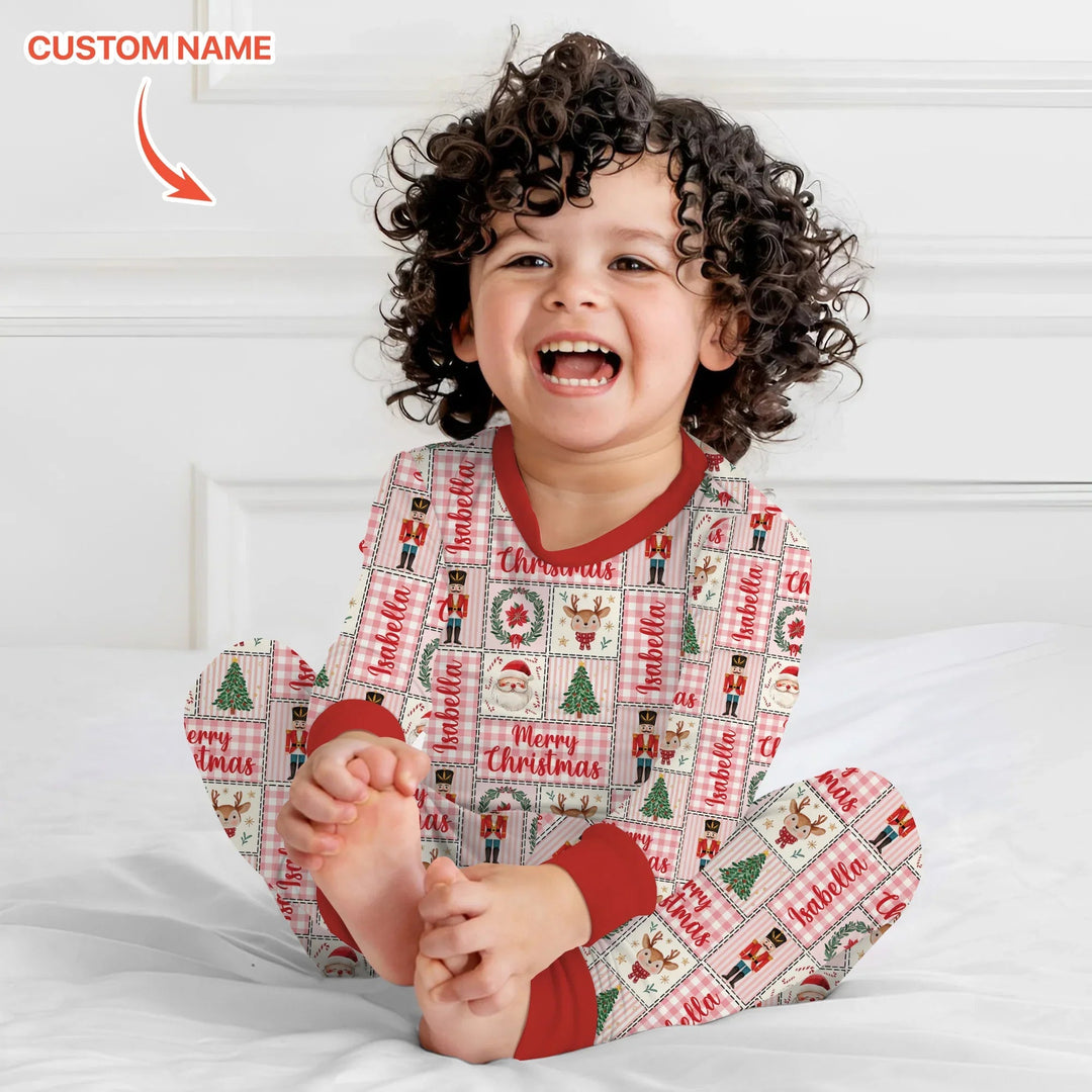 Merry Patchwork Christmas Custom Name Two Piece Long Sleeve Pajama Set - Zumbamboo