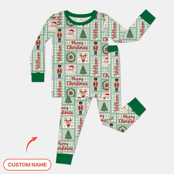 Merry Patchwork Christmas Custom Name Two Piece Long Sleeve Pajama Set - Zumbamboo