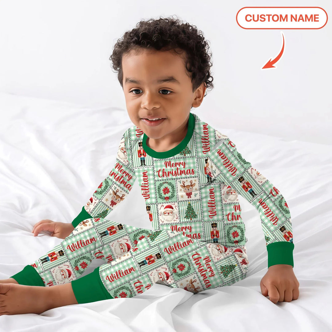 Merry Patchwork Christmas Custom Name Two Piece Long Sleeve Pajama Set - Zumbamboo