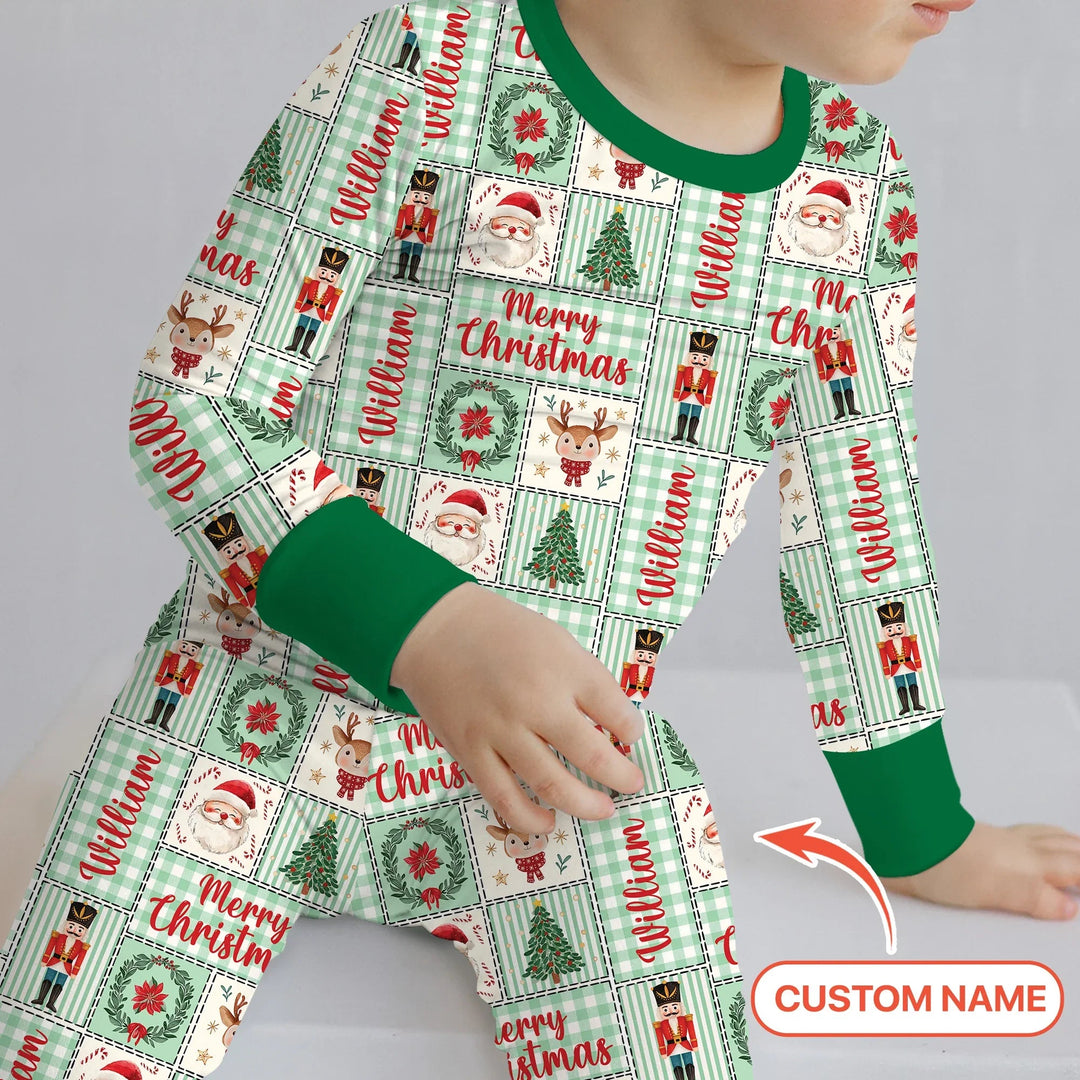 Merry Patchwork Christmas Custom Name Two Piece Long Sleeve Pajama Set - Zumbamboo