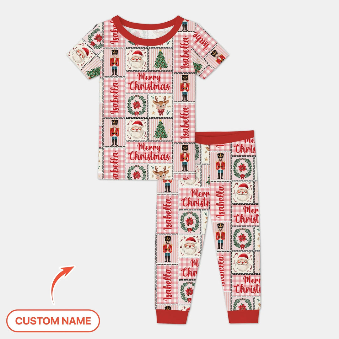 Merry Patchwork Christmas Custom Name Two Piece Short Sleeve Pajama Set - Zumbamboo