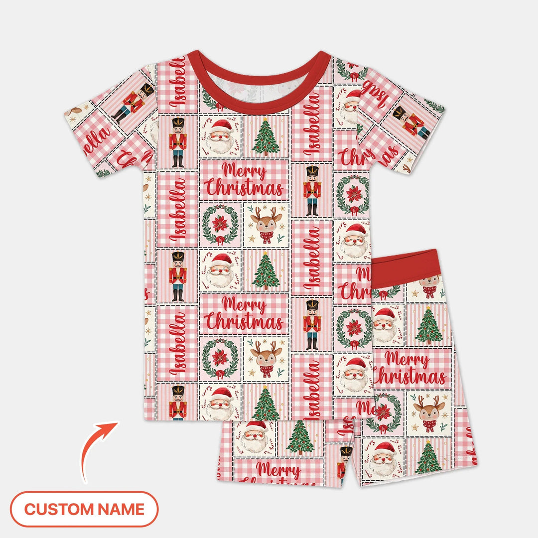 Merry Patchwork Christmas Custom Name Two Piece Short Sleeve Shorts Pajama Set , Merry Patchwork Christmas Custom Name Two Piece Short Sleeve Shorts Pajama Set - 12-18M