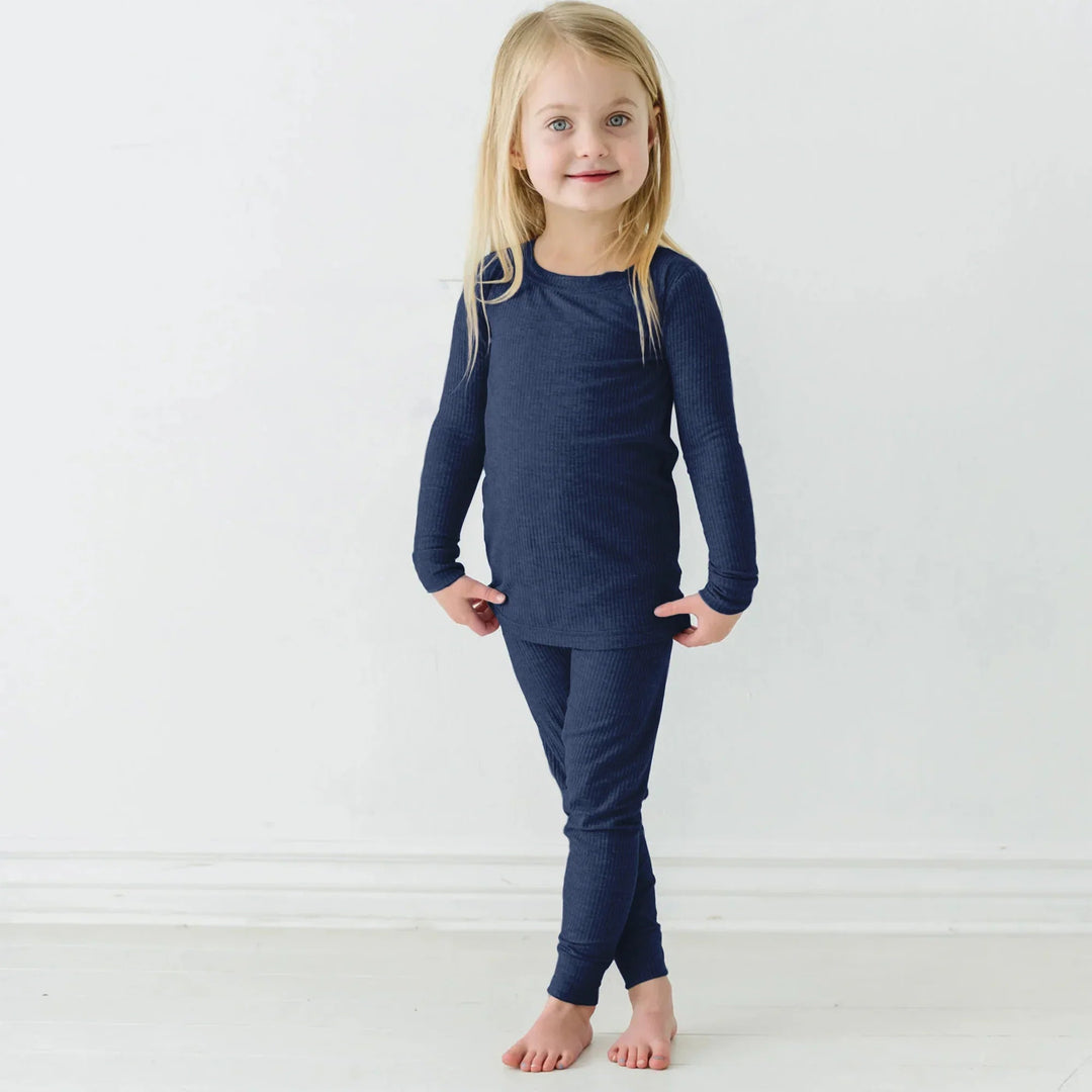 Midnight Blue Ribbed Two Piece Long Sleeve Pajama Set - Zumbamboo