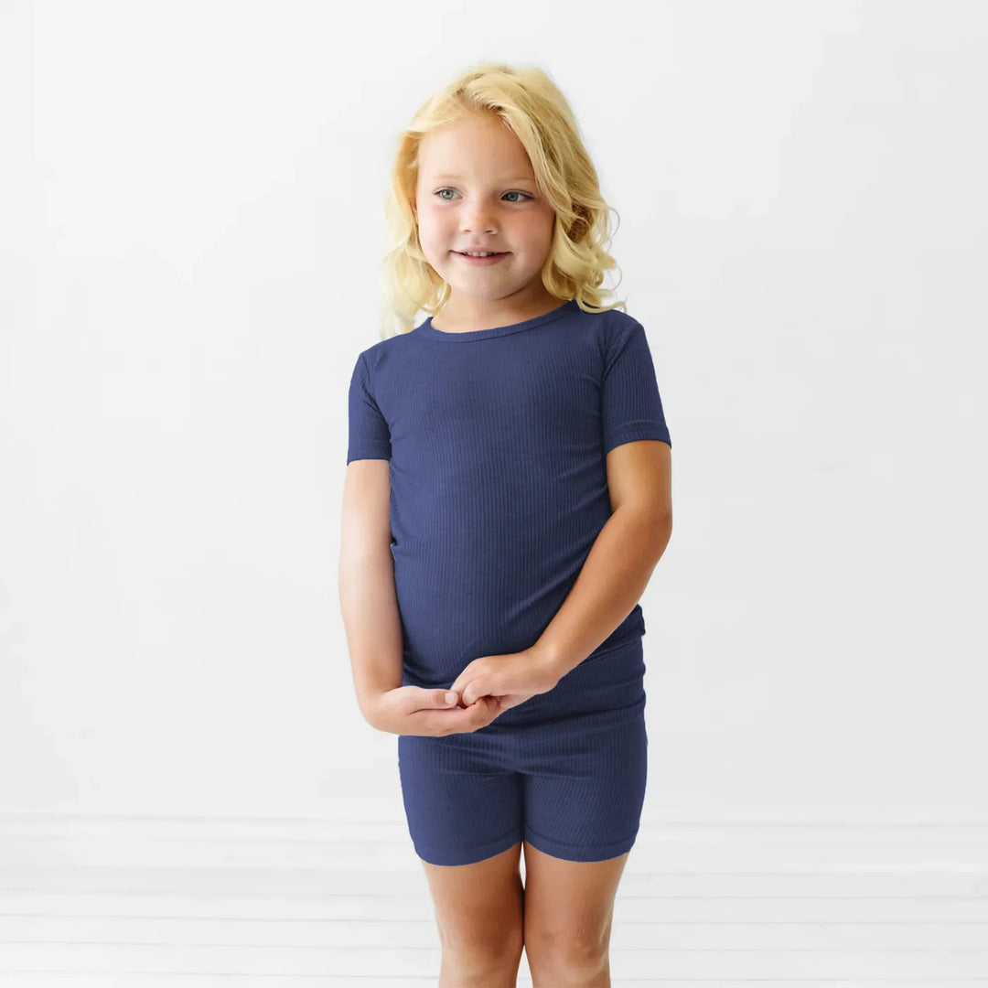 Midnight Blue Ribbed Two Piece Short Sleeve Short Pajama Set - Zumbamboo