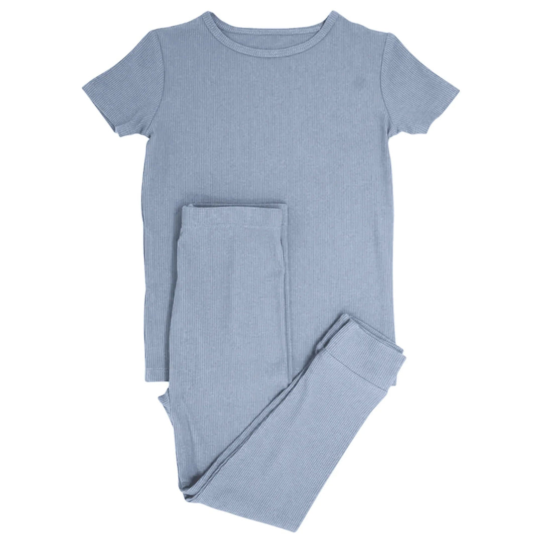 Misty Blue Ribbed Two Piece Short Sleeve Pajama Set - Zumbamboo