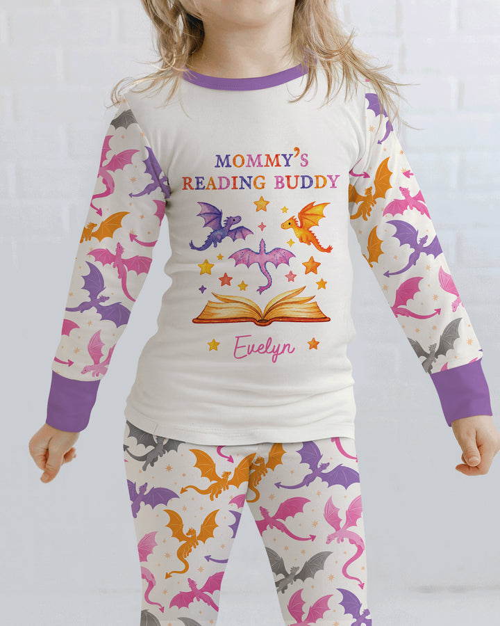 Custom Name Dragon Reading Buddy Bamboo Two Piece Long Sleeve Pajama Set