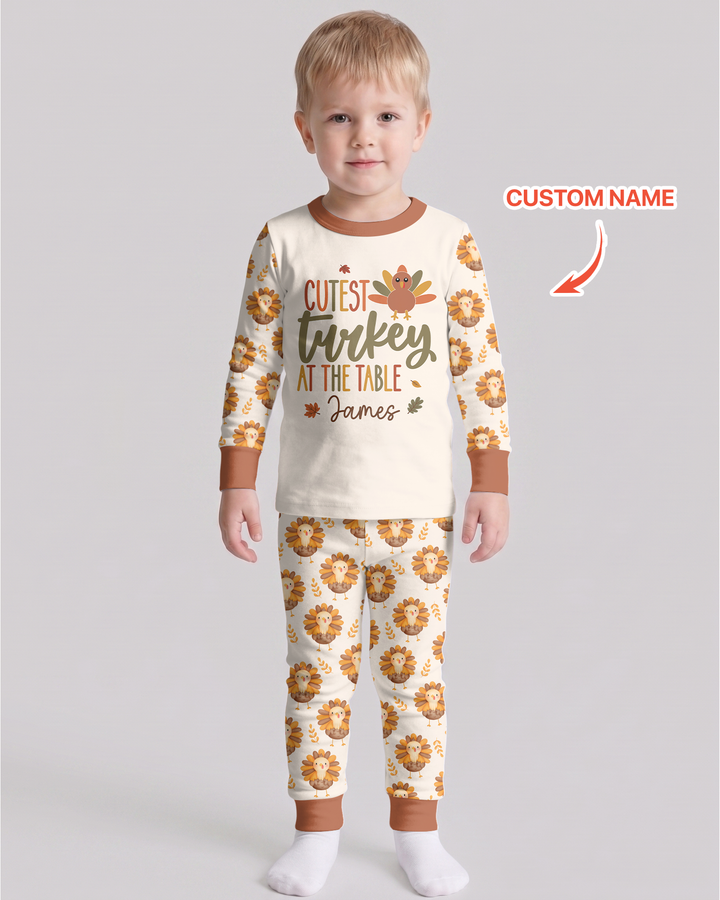 Custom Name Cutest Turkey At The Table Bamboo Two Piece Long Sleeve Pajama Set
