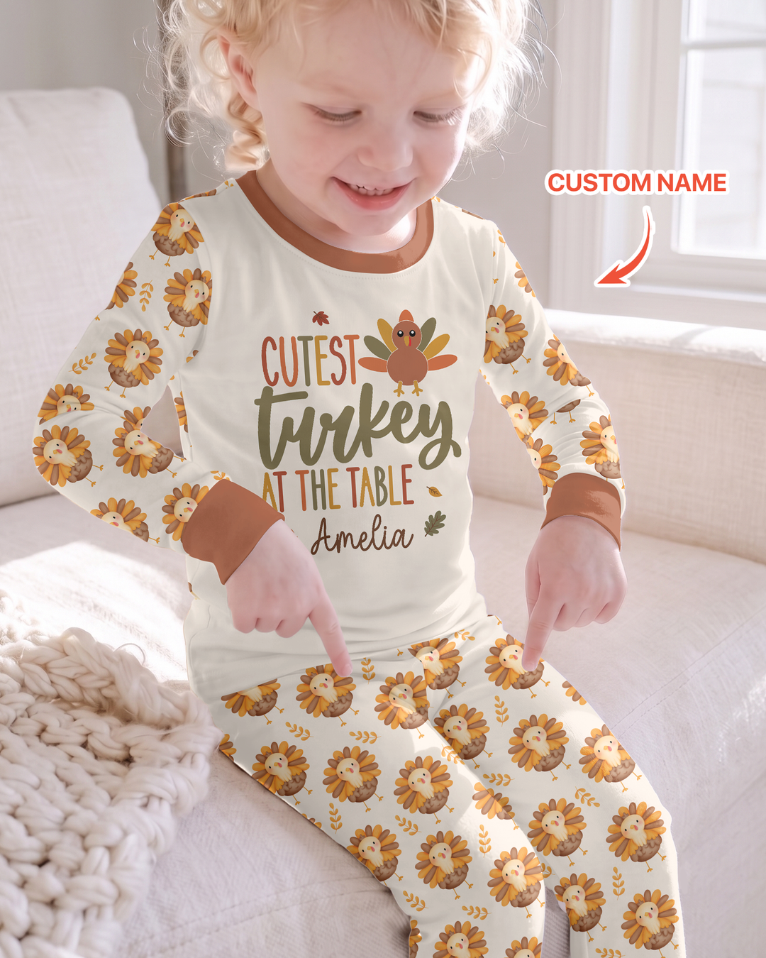 Custom Name Cutest Turkey At The Table Bamboo Two Piece Long Sleeve Pajama Set