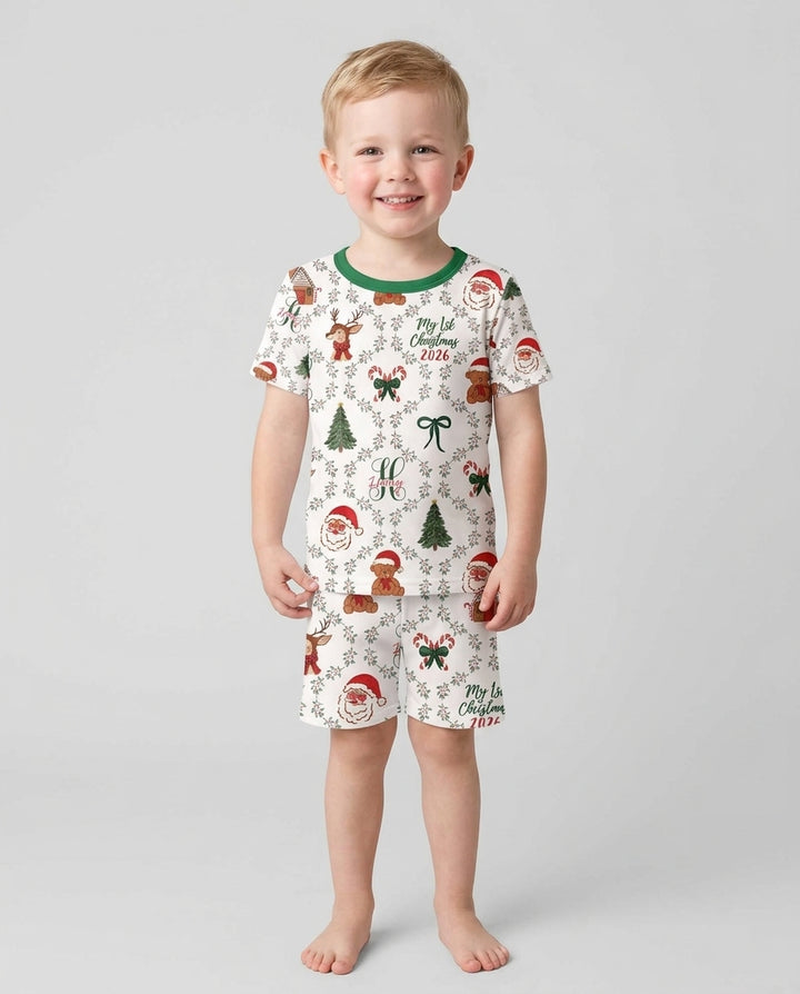 Custom name "Fancy Monogram Green Christmas 2026" Bamboo Two Piece Short Sleeve Shorts Pajama Set