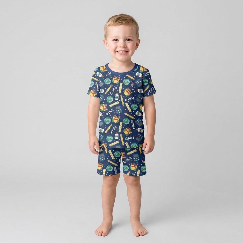 School Supply Bamboo Two Piece Short Sleeve Shorts Pajama Set