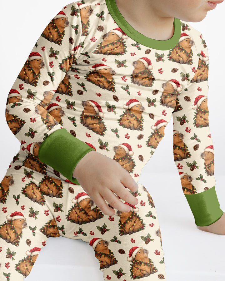 Cozy Christmas Capybara Bamboo Two Piece Long Sleeve Pajama Set
