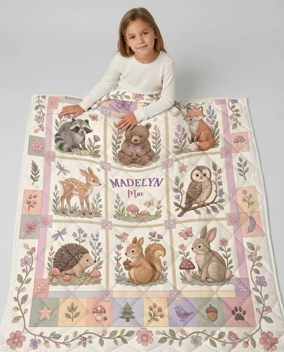 Custom Name Woodland Animal Bamboo Quilt Blanket