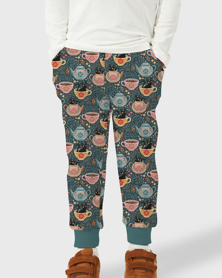 Folk Floral Black Cat Tea Party Bamboo Jogger