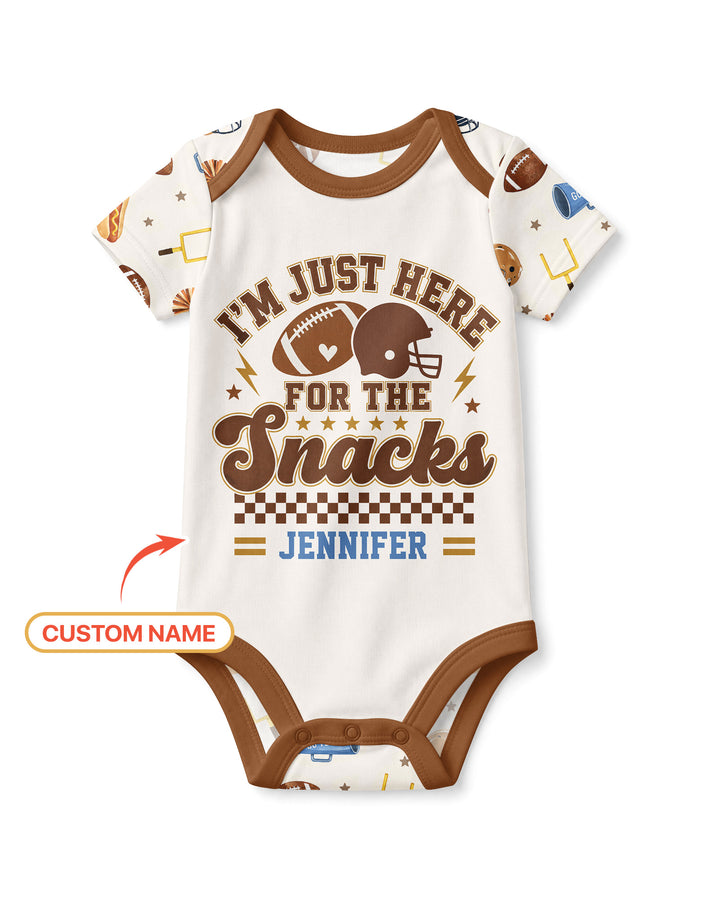 Custom Name Football I'm Just Here For The Snacks Bamboo Bodysuit