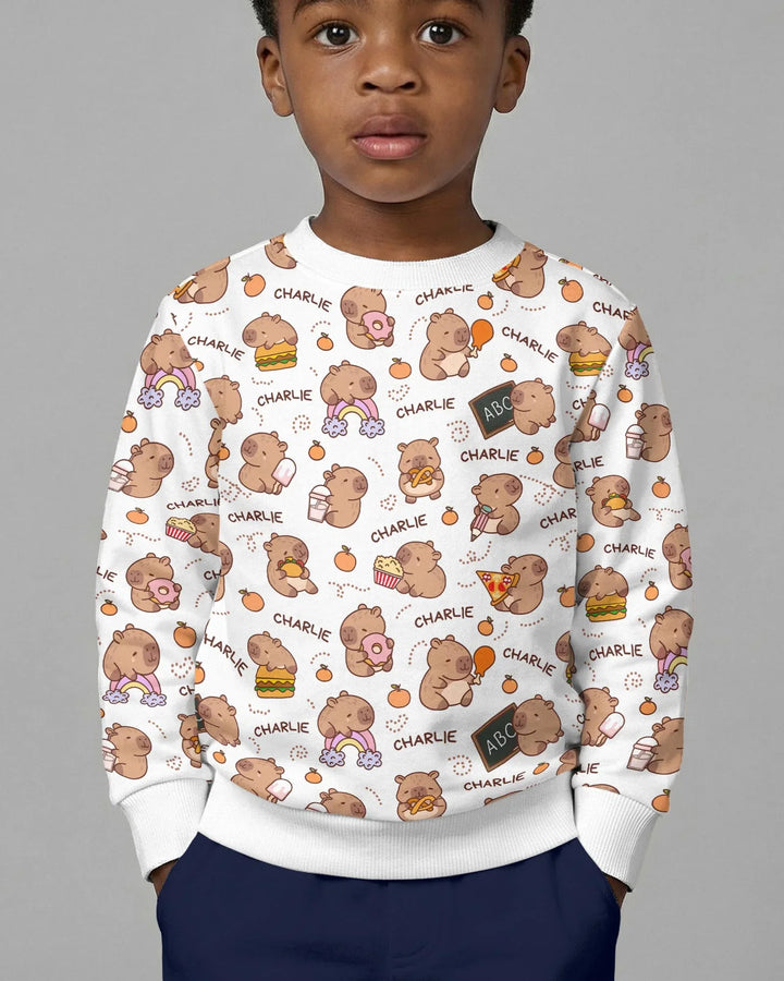 Sudadera de cuello redondo de bambú con capibara adorable y nombre personalizado
