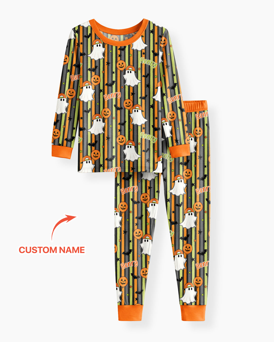 Custom Name Ghost Holding Balloon Bamboo Two Piece Long Sleeve Pajama Set
