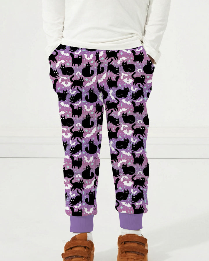 Spooky Black Cat Halloween Purple Bats Bamboo Jogger