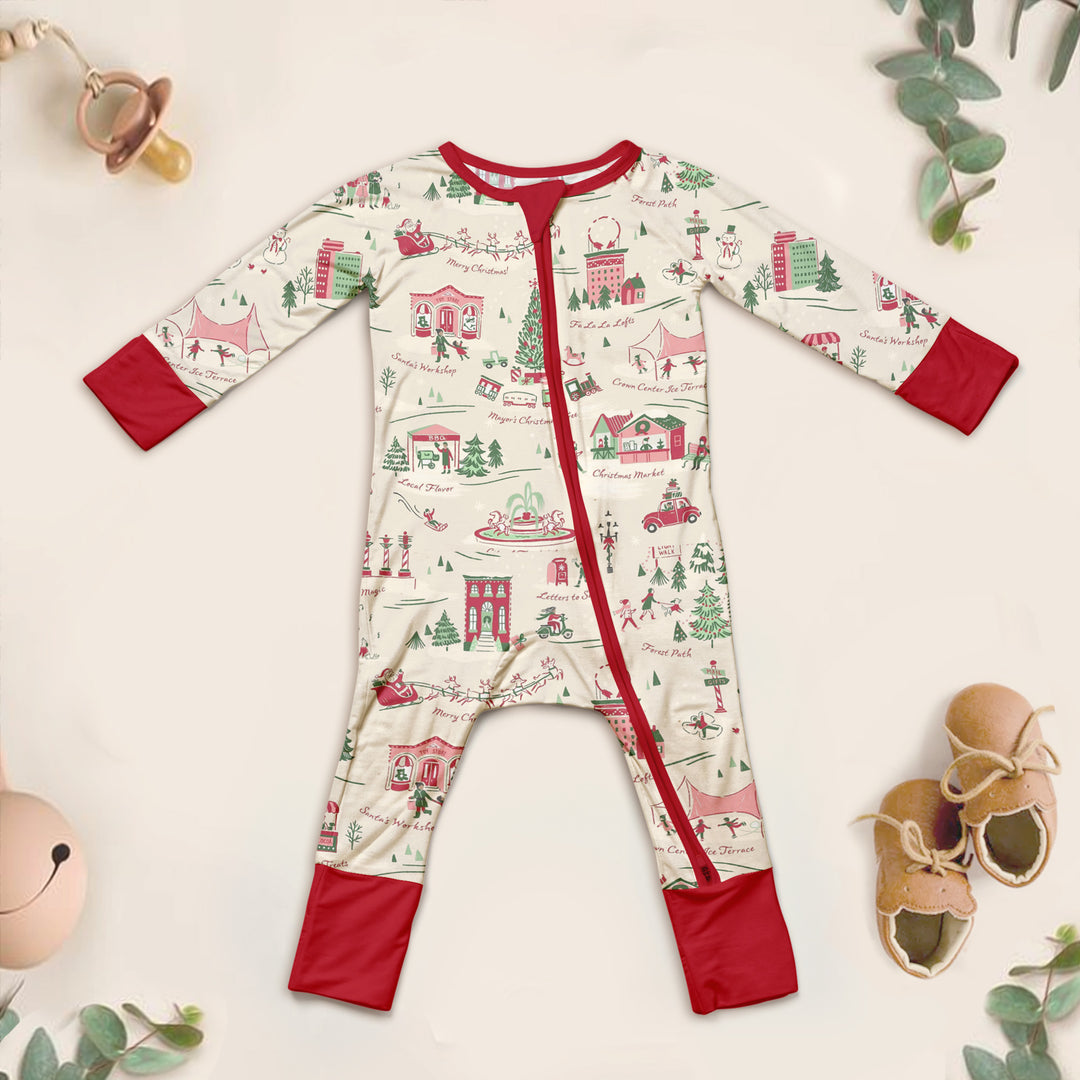 Christmas Village Bamboo Zipper Pajamas for Infants - Enchanting & Comfortable