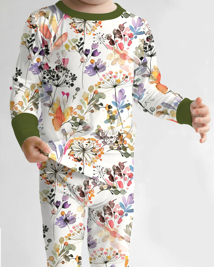 Wildflower Watercolor Garden Bamboo Two Piece Long Sleeve Pajama Set