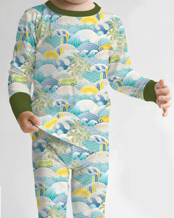 Conjunto de pijama de dos piezas de manga larga de bambú con olas y olas para viaje por la costa