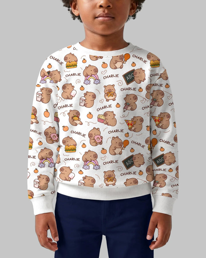 Sudadera de cuello redondo de bambú con capibara adorable y nombre personalizado
