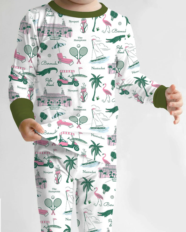 Conjunto de pijama de dos piezas de bambú de manga larga estilo Preppy Palm Getaway