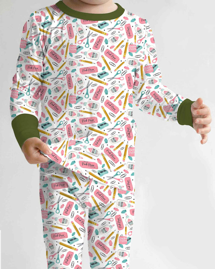 Pink Power School Supplies Bamboo Two Piece Long Sleeve Pajama Set