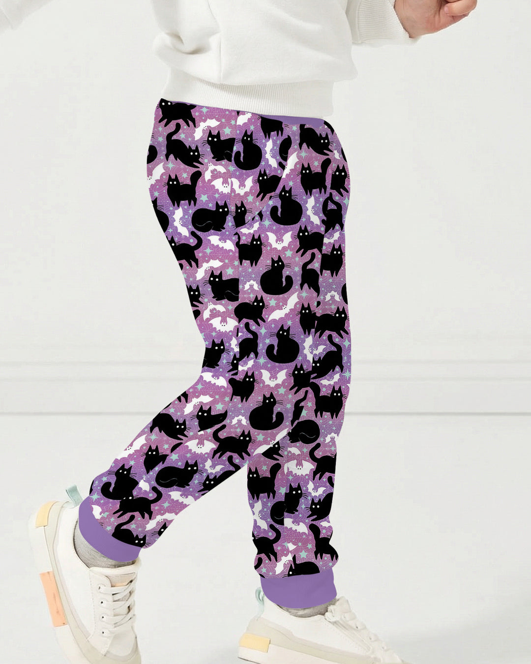 Spooky Black Cat Halloween Purple Bats Bamboo Jogger