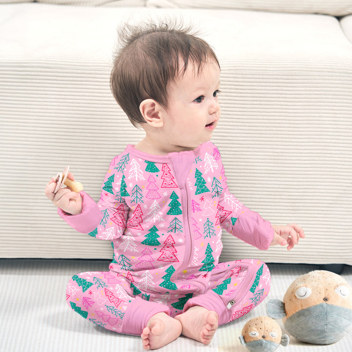 Festive Tree Bamboo Zipper Pajamas for Toddlers - Bright & Cheerful