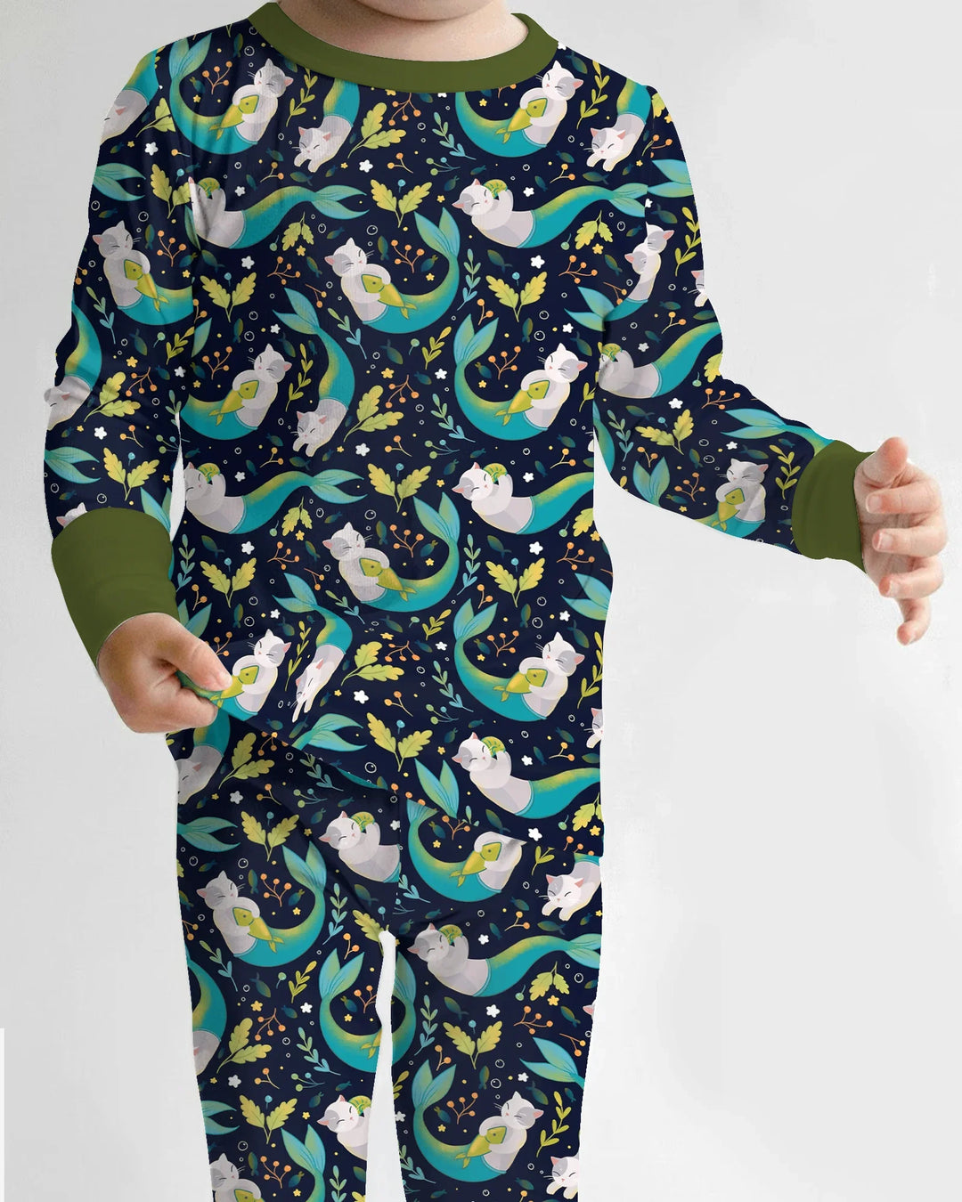 Pijama de dos piezas de bambú de manga larga Midnight Mermaid Cats