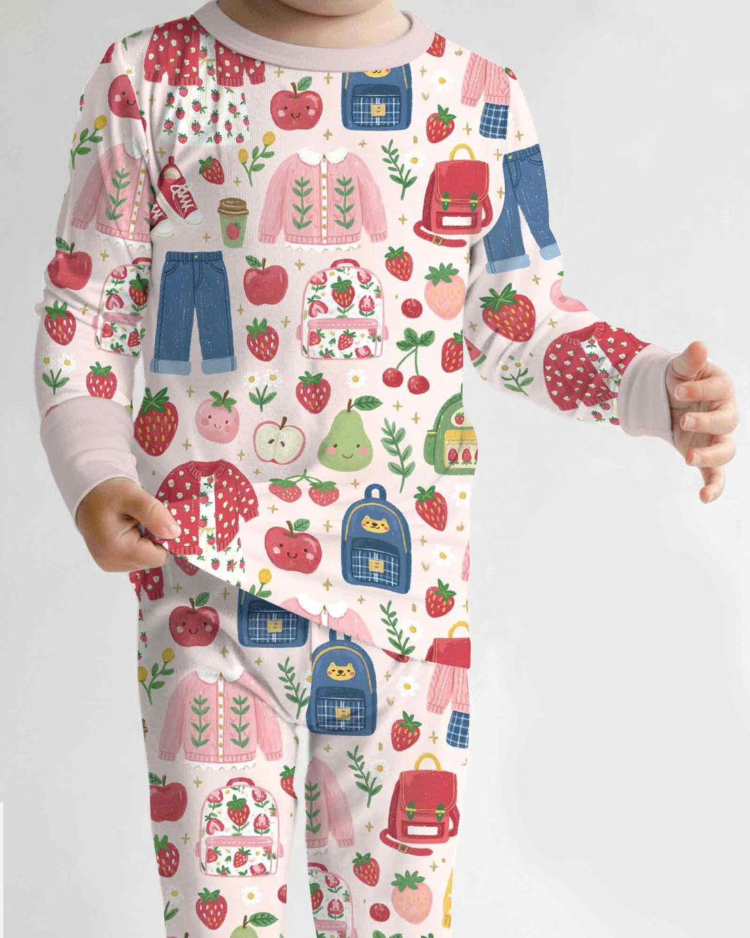 Strawberry School Style Bamboo Two Piece Long Sleeve Pajama Set