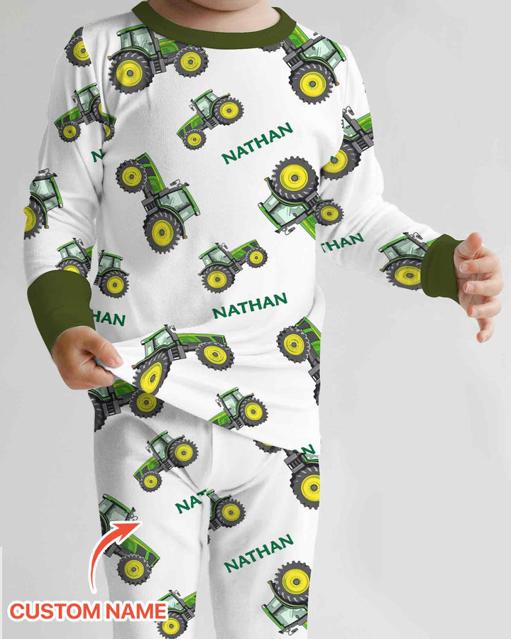 Conjunto de pijama de dos piezas de bambú de manga larga para papá y yo con tractores verdes y nombre personalizado