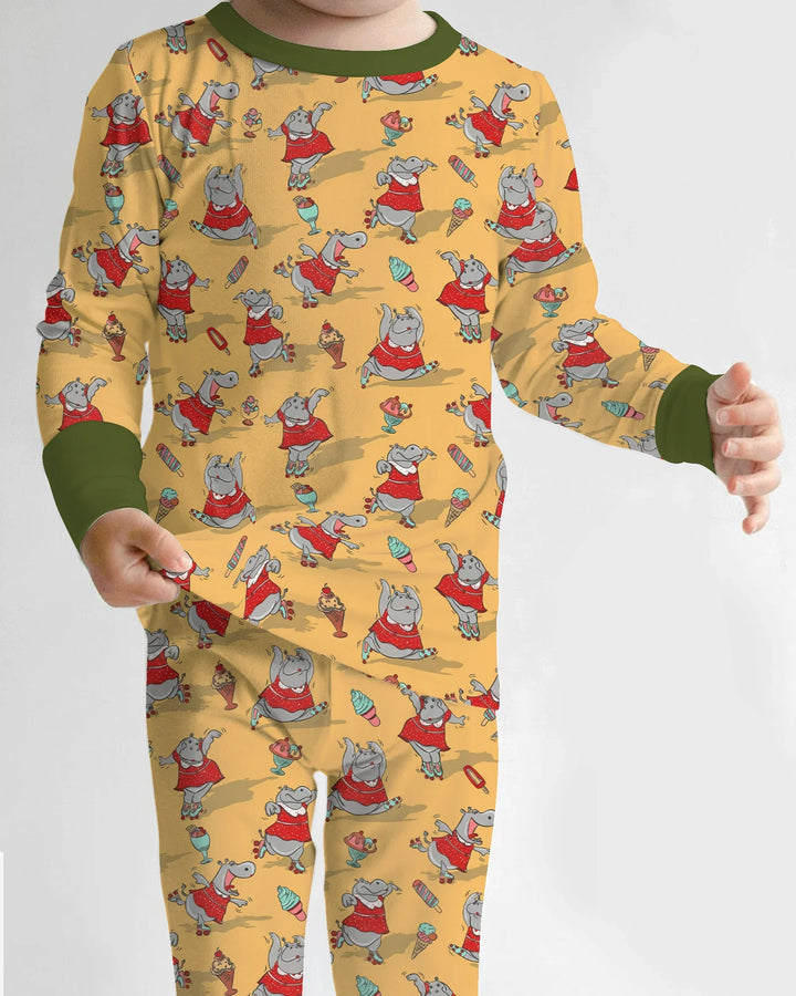 Dancing Hippo Treats Bamboo Two Piece Long Sleeve Pajama Set