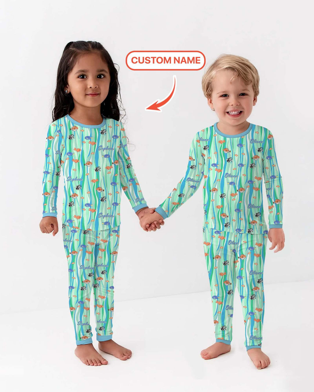 Custom Name Summer Beach Bamboo Two Piece Long Sleeve Pajama Set