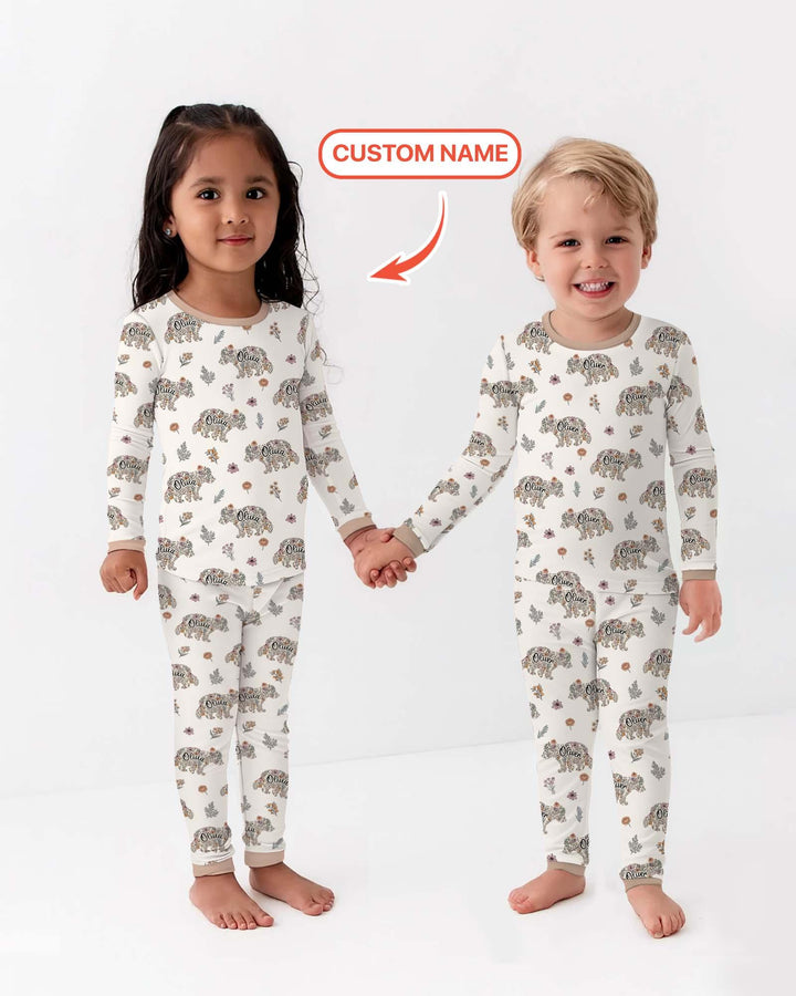 Custom Name Floral Bear Family Matching Bamboo Two Piece Long Sleeve Pajama Set