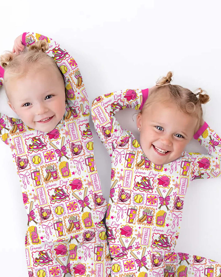 Pink Softball Game Day Bamboo Two Piece Long Sleeve Pajama Set