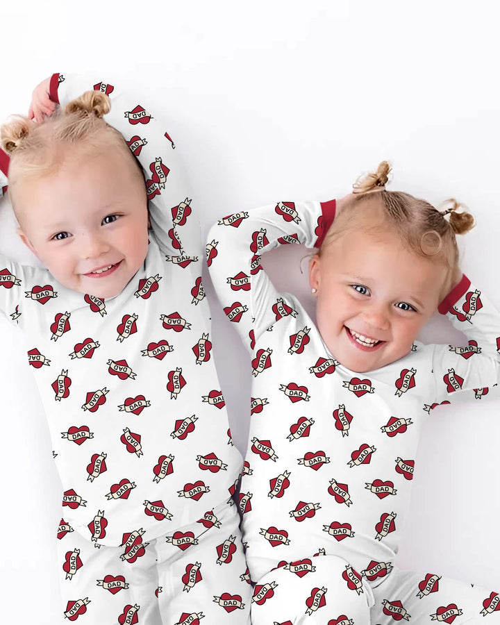 Old School Dad Hearts Daddy & Me Matching Bamboo Two Piece Long Sleeve Pajama Set