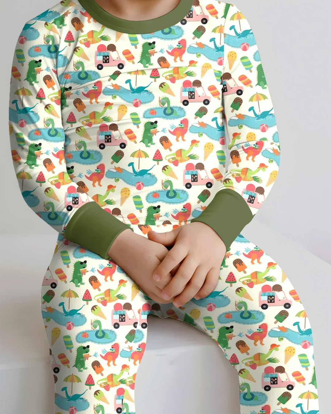 Conjunto de Pijama de Dos Piezas de Bambú de Manga Larga Dino Summer Splash