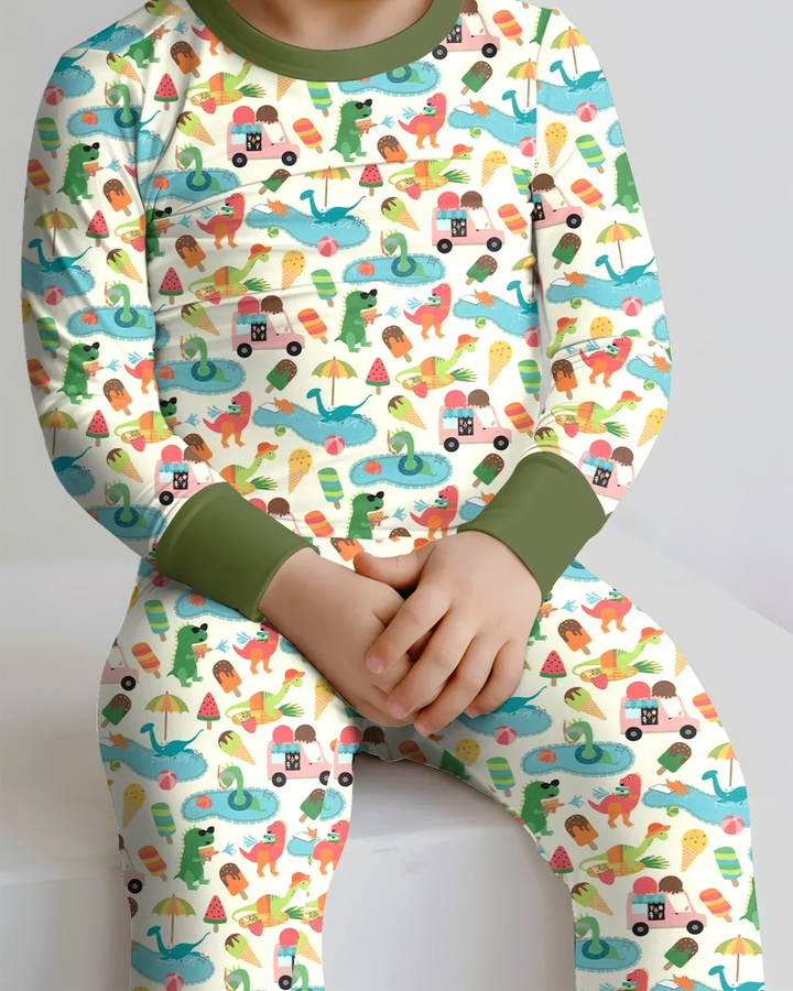 Conjunto de Pijama de Dos Piezas de Bambú de Manga Larga Dino Summer Splash