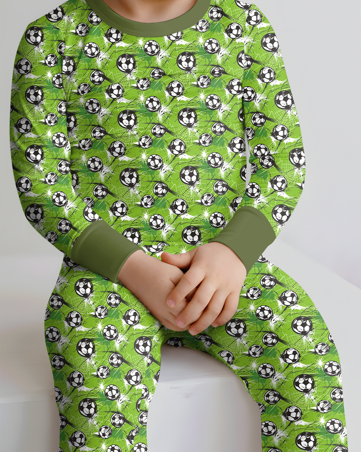 Green Soccer Energy Bamboo Two Piece Long Sleeve Pajama Set