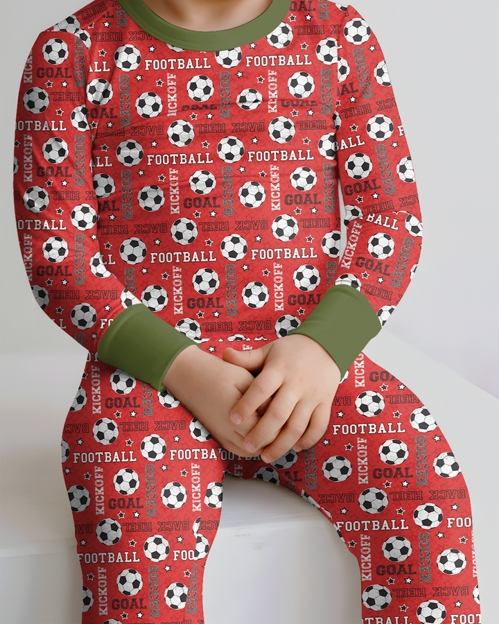 Red Soccer Ball Bamboo Two Piece Long Sleeve Pajama Set